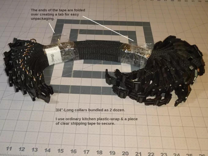 Two-dozen 3/4-Long collars packaged using kitchen plastic-wrap
