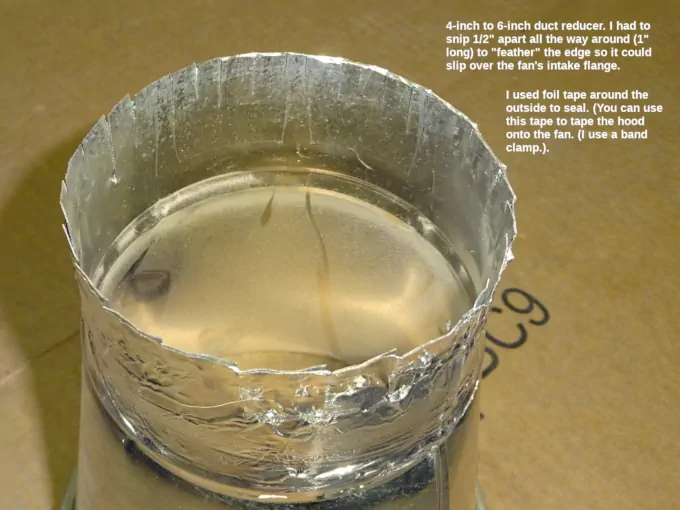 4-inch to 6-inch HVAC reducer modified to fit onto the inline fan, used as an intake hood.