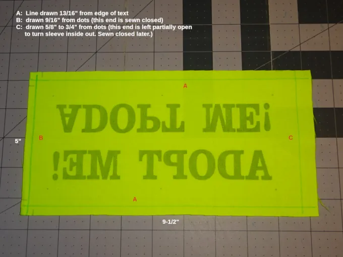 The lines to sew marked on the back of the screenprinted fabric