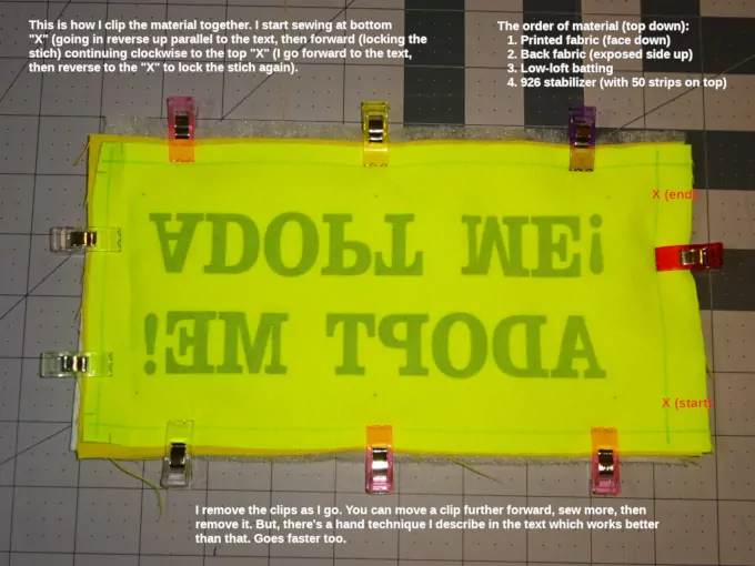 The leash-sleeve's materials clipped together for sewing