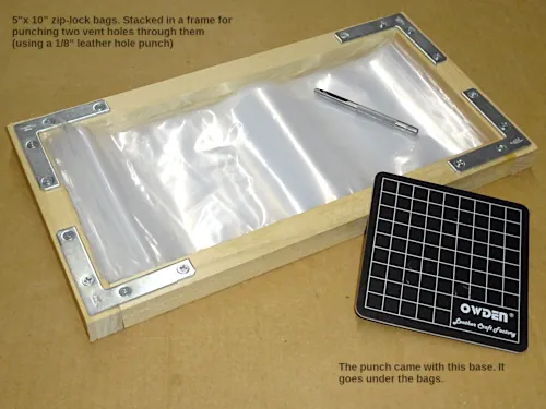 5x10 zip-lock bags stacked for vent-hole punching